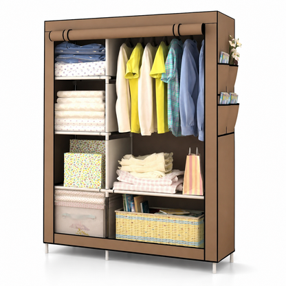 Armadio Guardaroba in Tessuto 175 × 105 × 45 cm, Armadio Pieghevole con Barra Appendiabiti e Ripiani, Armadio Salvaspazio con Struttura in Metallo e Chiusura con Cerniera, Colore Marrone