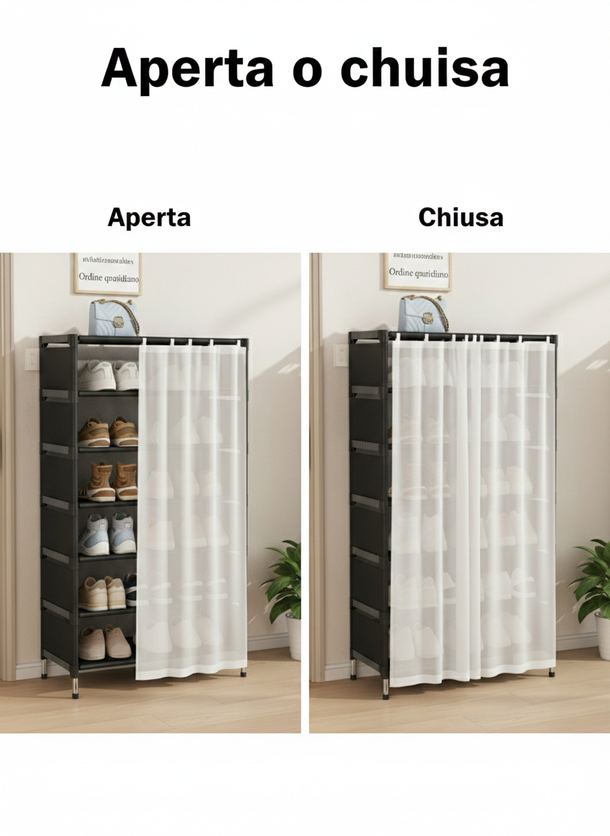 Scarpiera 7 Ripiani con Tenda – Colore Bianco – Struttura in Metallo e Ripiani in Stoffa – Organizer Salvaspazio 58x26x110 cm per Ingresso, Camera e Ripostiglio