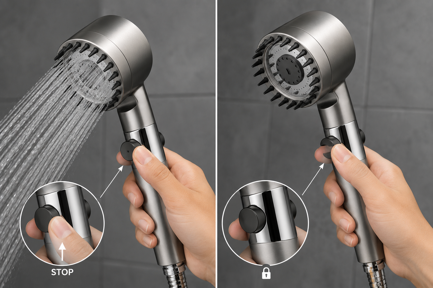 Soffione Doccia Alta Pressione con Pulsante Stop, Doccetta Multigetto 3 Modalità, Soffione Doccia con Ventola a Spirale e Filtro Integrato, Ugelli Anticalcare, Risparmio Idrico, Attacco Universale G1/2”
