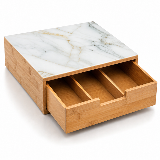 Cassetto Portacapsule in Bamboo con Piano in Vetro Effetto Marmo – Organizer Capsule Caffè 3 Scomparti, Porta Capsule e Cialde, Salvaspazio per Cucina e Coffee Station