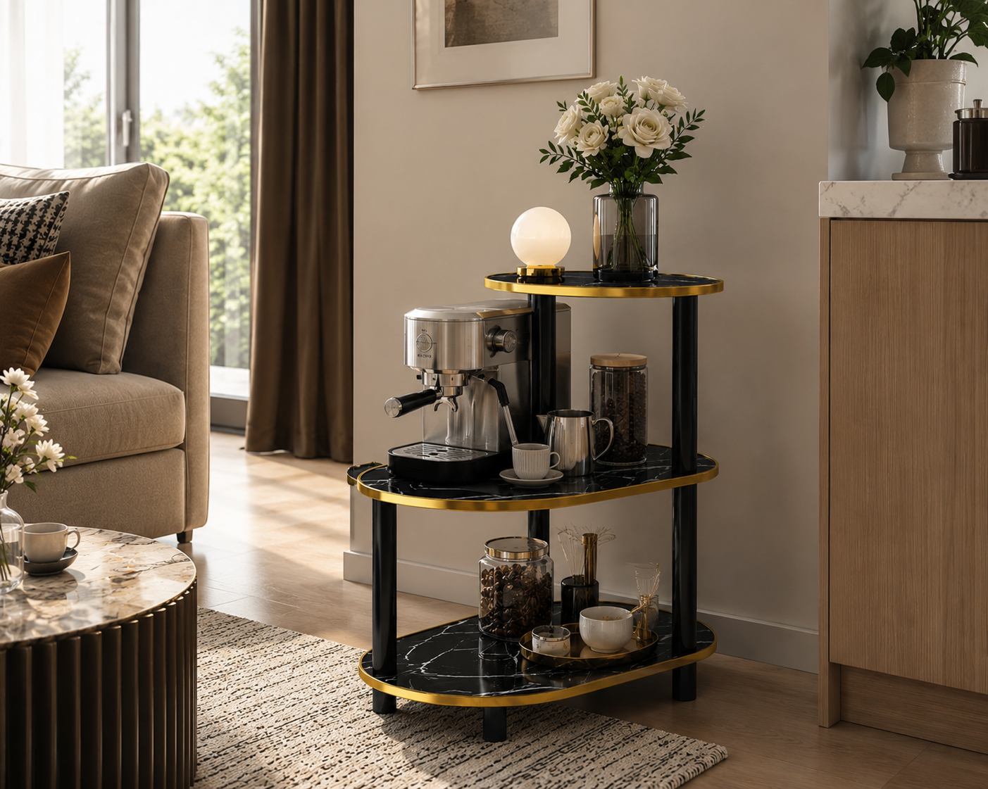 Tavolino da Salotto Nero Marmo Oro, Tavolino Laterale Moderno a 3 Ripiani, Mobile Bar Elegante Multiuso, Comodino Design Scandinavo con Struttura in Metallo Nero e Bordi Oro, 60x30x68 cm