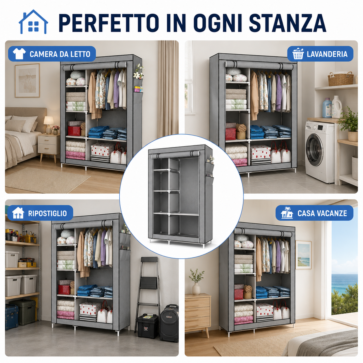 Armadio Guardaroba in Tessuto 175 × 105 × 45 cm, Armadio Pieghevole con Barra Appendiabiti e Ripiani, Armadio Salvaspazio con Struttura in Metallo e Chiusura con Cerniera, Colore Marrone