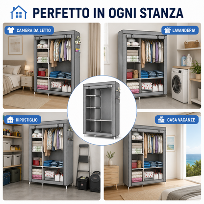 Armadio Guardaroba in Tessuto 175 × 105 × 45 cm, Armadio Pieghevole con Barra Appendiabiti e Ripiani, Armadio Salvaspazio con Struttura in Metallo e Chiusura con Cerniera, Colore Marrone