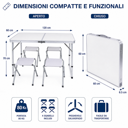 Tavolo Pieghevole da Campeggio con 4 Sgabelli Inclusi, Tavolo Picnic Portatile Richiudibile con Altezza Regolabile 55/62/70 cm, Tavolo da Giardino Campeggio Pesca BBQ Escursioni 120x60 cm