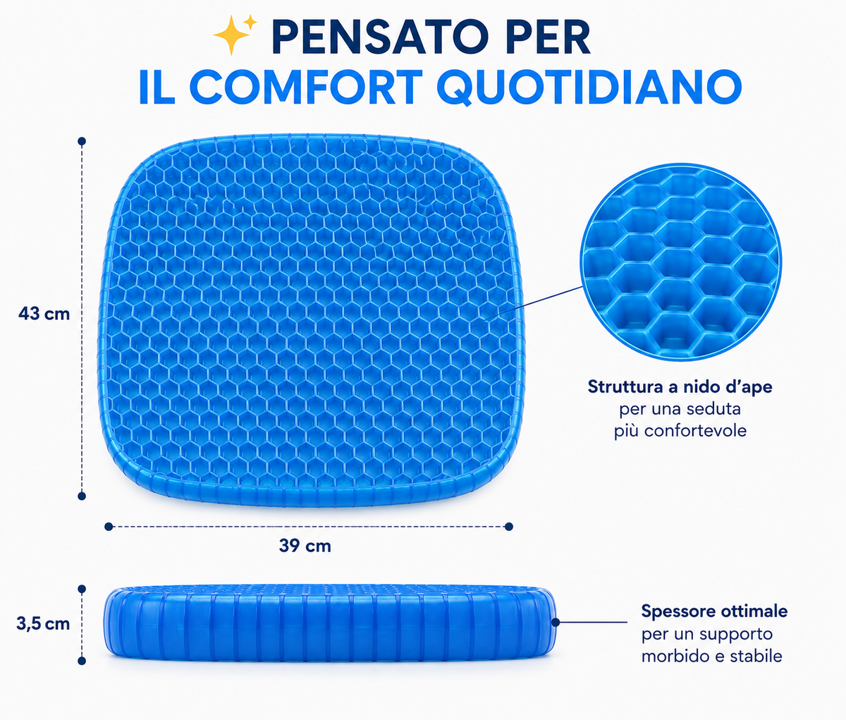 Cuscino in Gel per Seduta con Struttura a Nido d’Ape, Cuscino Comfort con Rivestimento Nero, per Sedia Ufficio, Casa, Auto e Gaming, Design Flessibile Blu