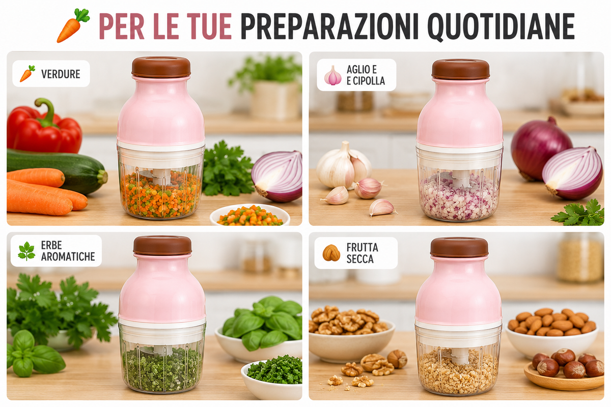 Tritatutto Elettrico Compatto da Cucina, Mini Tritatutto con Contenitore Trasparente e Lame, Chopper per Verdure, Cipolla, Aglio, Erbe Aromatiche e Frutta Secca, Rosa