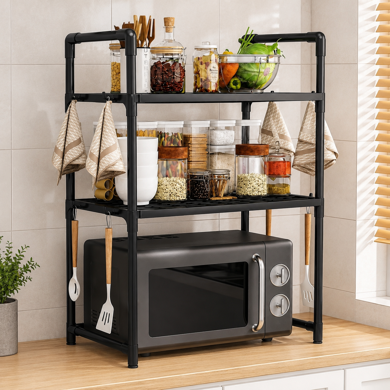 Scaffale Porta Microonde da Cucina 3 Ripiani con Ganci Laterali, Organizer Salvaspazio in Metallo, Mensola per Microonde e Dispensa, Porta Spezie e Accessori Cucina, 50,5 x 27 x 73 cm Nero