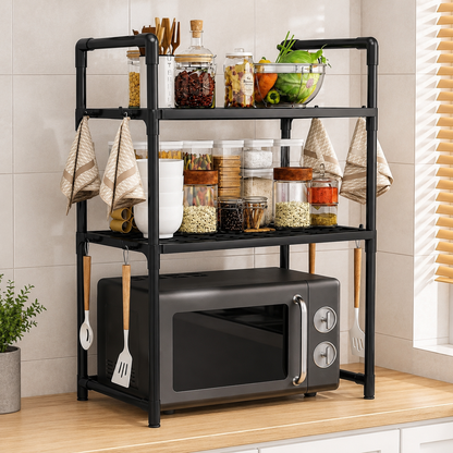 Scaffale Porta Microonde da Cucina 3 Ripiani con Ganci Laterali, Organizer Salvaspazio in Metallo, Mensola per Microonde e Dispensa, Porta Spezie e Accessori Cucina, 50,5 x 27 x 73 cm Nero