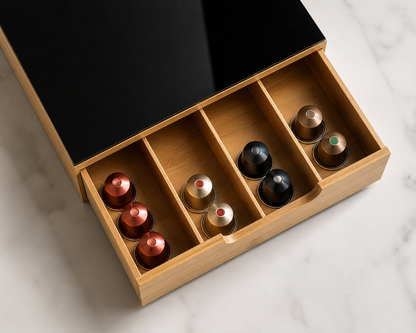 Cassetto Portacapsule Caffè in Bamboo con Piano in Vetro Temperato, Organizer Capsule e Cialde, Porta Capsule Compatibile Nespresso, Porta Capsule con Cassetto per Cucina, 30x30x10 cm
