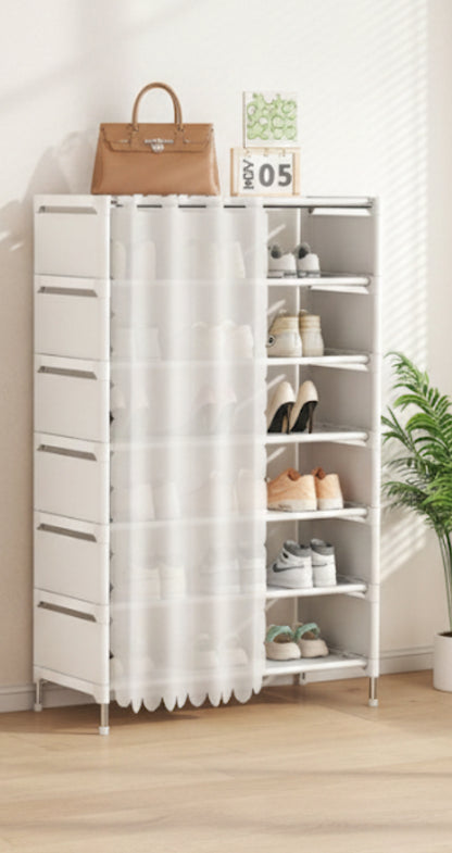 Scarpiera 7 Ripiani con Tenda – Colore Bianco – Struttura in Metallo e Ripiani in Stoffa – Organizer Salvaspazio 58x26x110 cm per Ingresso, Camera e Ripostiglio