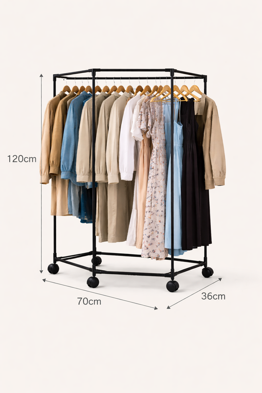 Appendiabiti con Ruote 120x70x36 cm – Stand Appendiabiti Esagonale Salvaspazio in Metallo – Armadio Aperto Mobile con 4 Ruote per Camera, Ingresso, Negozio, Appartamento