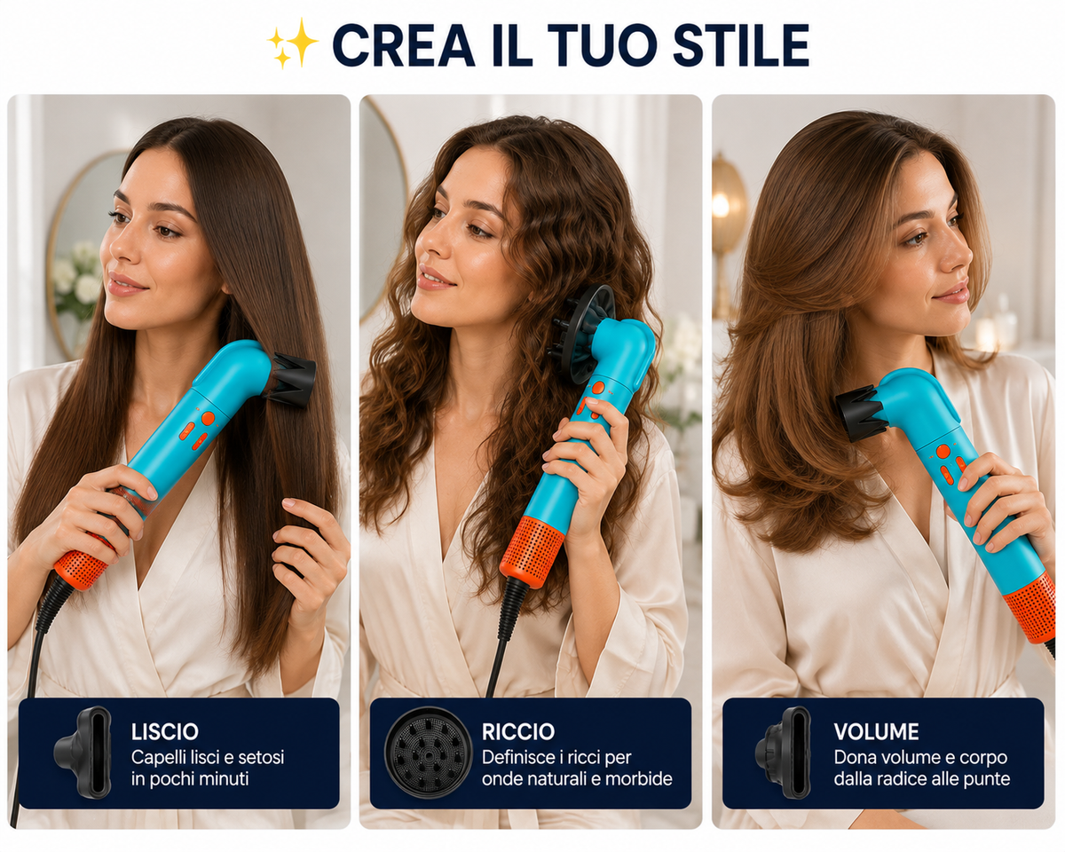 Asciugacapelli con Accessori Intercambiabili, Super Hairdryer Multifunzione per Asciugatura e Styling, Diffusore e Bocchette, Comandi Integrati, Phon con Cavo per Uso Quotidiano a Casa