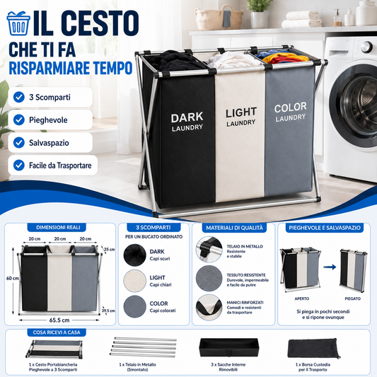 Cesto Portabiancheria Pieghevole 3 Scomparti con Telaio in Metallo, Portabiancheria Salvaspazio con Manici, Cesto per Biancheria Sporca per Bucato Scuro Chiaro Colorato, Organizer Lavanderia Moderno