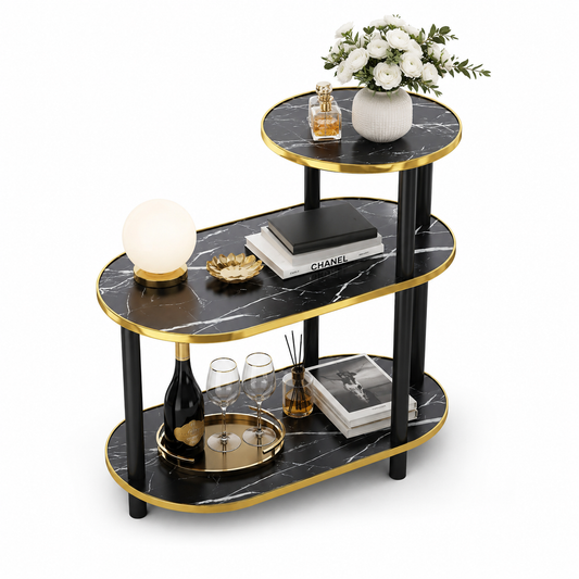 Tavolino da Salotto Nero Marmo Oro, Tavolino Laterale Moderno a 3 Ripiani, Mobile Bar Elegante Multiuso, Comodino Design Scandinavo con Struttura in Metallo Nero e Bordi Oro, 60x30x68 cm
