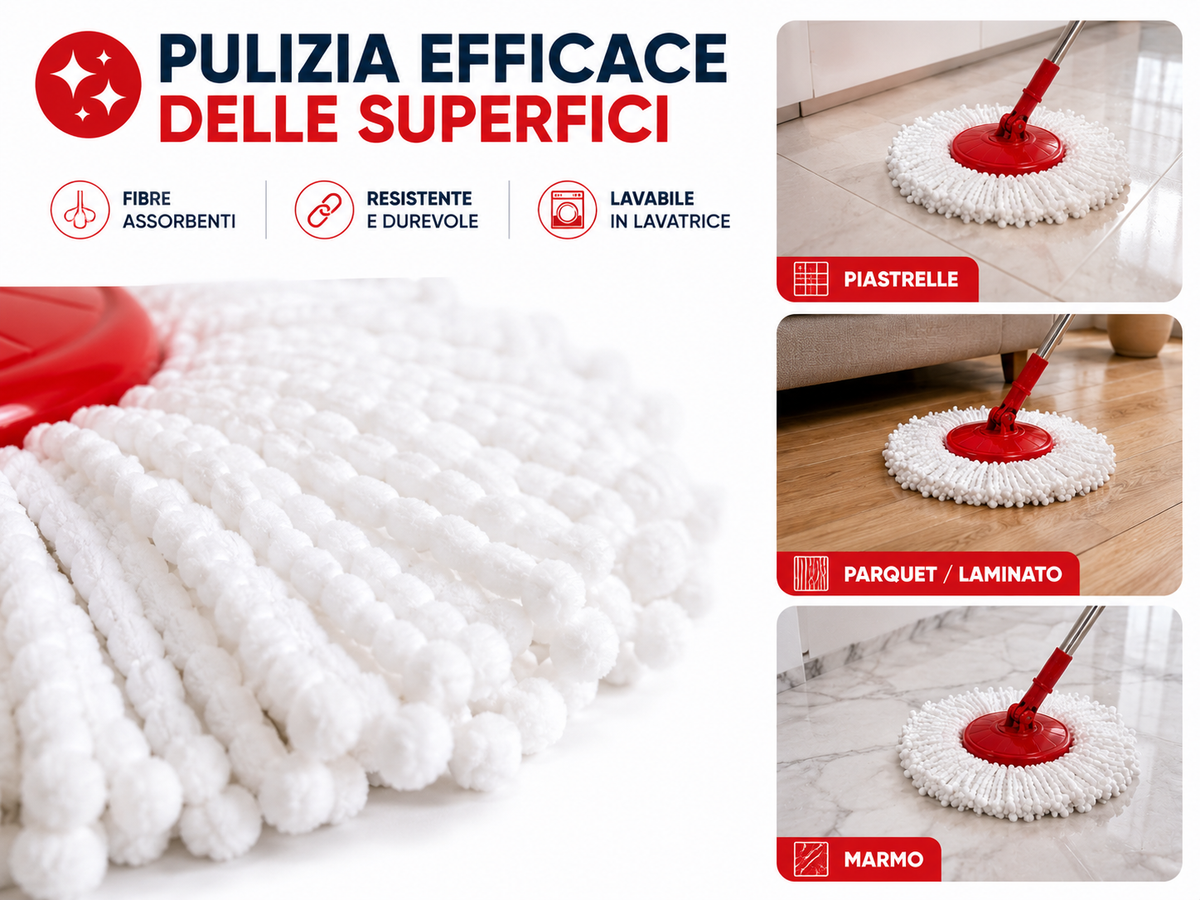 Mocio Rotante con Secchio 13 Litri, Sistema di Strizzatura con Cestello Rotante, Manico Telescopico 90-115 cm, Testa Snodabile 180°, Panno in Microfibra per Pavimenti, Casa e Pulizia