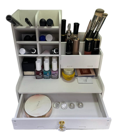 Organizer Trucchi Premium in Legno Bianco con Cassetto Porta Gioielli