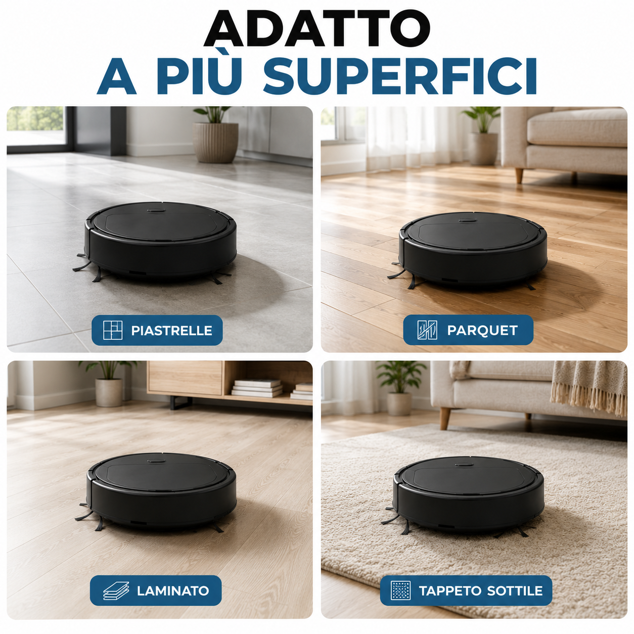 Robot Aspirapolvere Automatico per Casa e Ufficio, Aspirazione Potente, Compatto e Silenzioso, Pulizia di Polvere, Capelli e Briciole, Ideale per Pavimenti e Tappeti Sottili