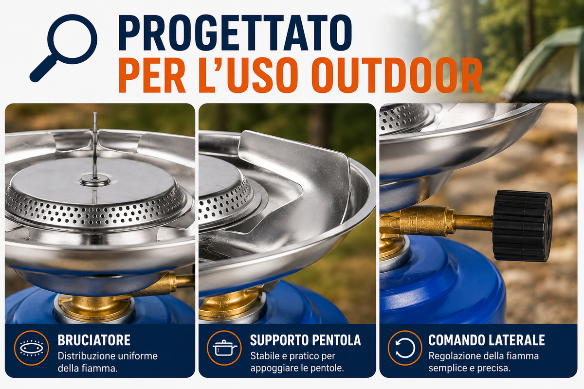 SAFETYCAMPING TR-219 Fornello da Campeggio Portatile, Fornello a Gas Compatto con Bruciatore e Regolazione della Fiamma, per Camping, Picnic, Pesca ed Escursioni Outdoor
