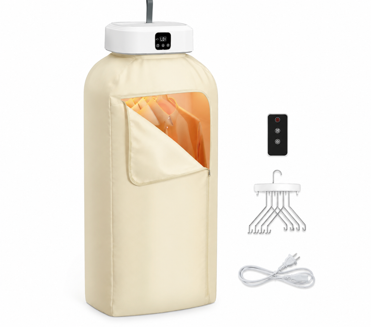 Asciugabiancheria Portatile per Vestiti con Telecomando e Display Digitale, Armadio Asciugatore Verticale con Copertura in Tessuto e Sistema Appendibiti, Design Compatto Salvaspazio per Casa e Lavanderia