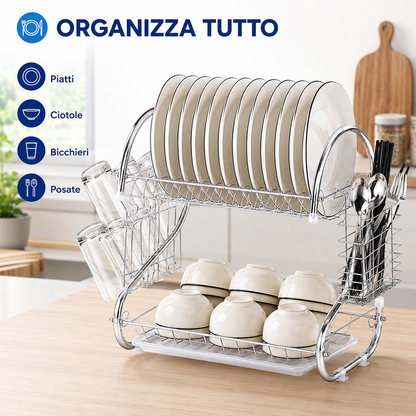 Scolapiatti da Cucina 2 Livelli 40 cm, Scolapiatti in Acciaio Cromato con Vaschetta Raccogligocce, Portaposate, Porta Bicchieri e Ganci Porta Tazze, Sgocciolatoio Salvaspazio per Piano Cucina