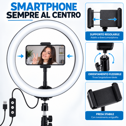 BDIT Accessori Ring Light con Treppiede Regolabile e Supporto Smartphone, Luce ad Anello LED con Comando sul Cavo, Supporto per Telefono per Foto, Video, Makeup, Streaming e Videochiamate