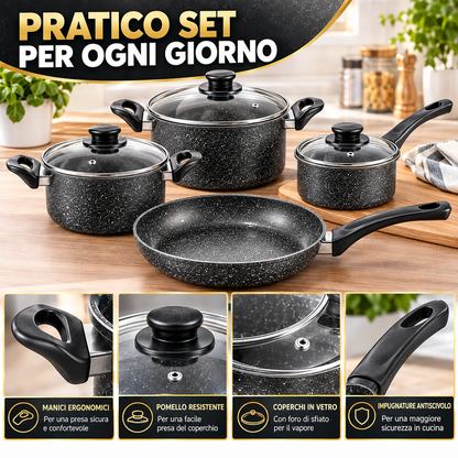 BDIT Accessori Set Pentole e Padelle 9 Pezzi Effetto Granito, Batteria da Cucina con Coperchi in Vetro, Padelle 22/25/30 cm, Casseruole 20/24 cm e Pentolino 14 cm, Nero Grigio