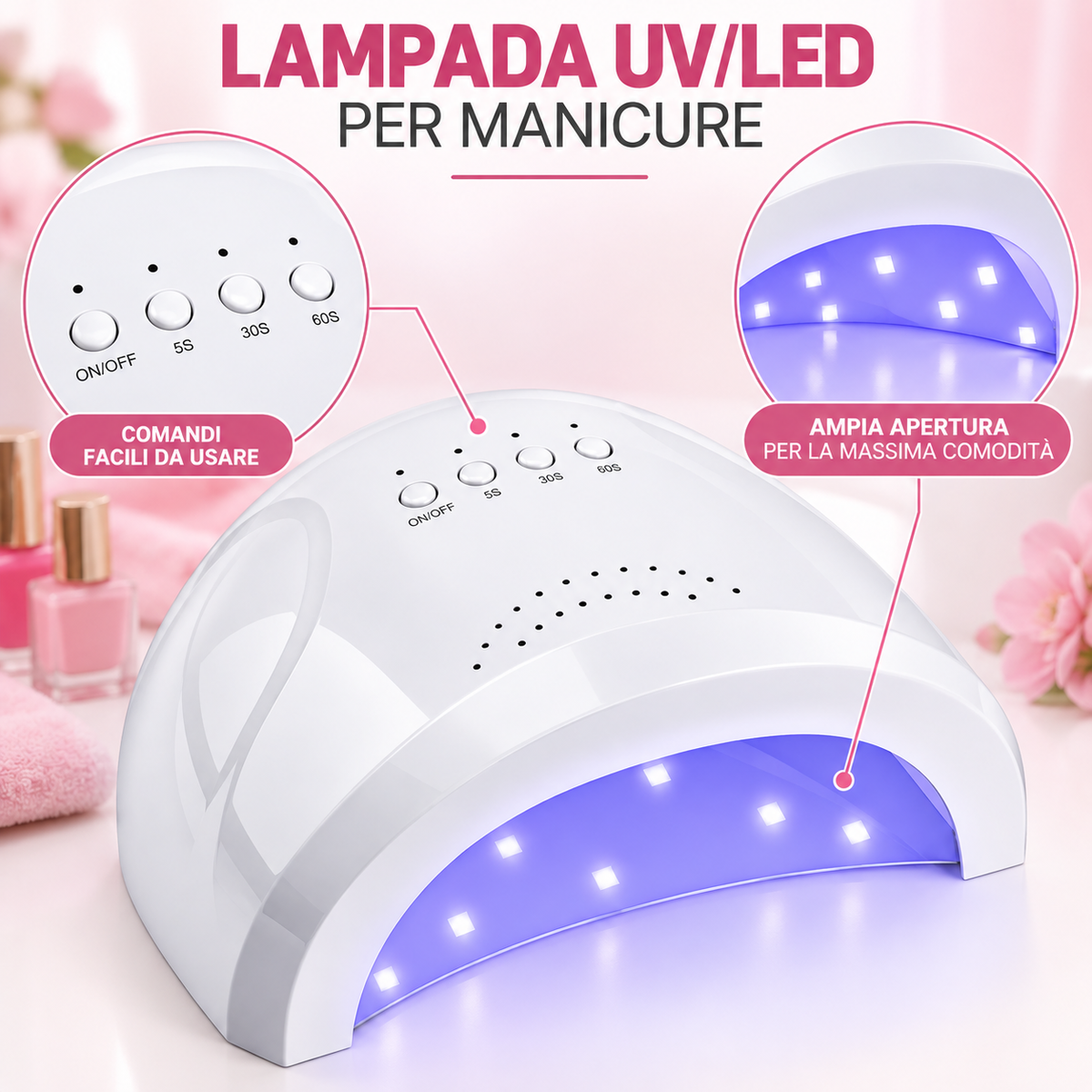 BDIT Accessori Lampada UV LED per Unghie, Lampada per Manicure e Nail Art con Comandi Superiori, Ampia Apertura per la Mano, Luce UV/LED, per Gel Unghie e Manicure a Casa, Bianca