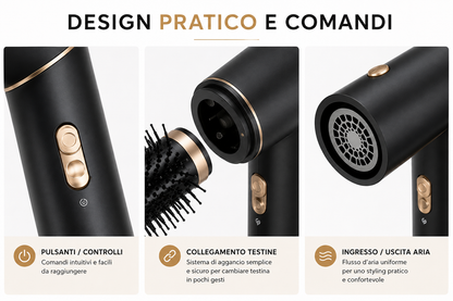 Asciugacapelli 6 in 1 con Accessori Intercambiabili, Styler per Capelli con Spazzola Volumizzante, Spazzola Lisciante, Diffusore, Concentratore e Accessori Arricciacapelli, Nero e Oro