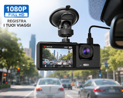 Dashcam Auto 1080P con Telecamera Posteriore, Videocamera per Auto con Display Integrato, Supporto a Ventosa, Registrazione Anteriore e Posteriore, Alimentazione da Auto