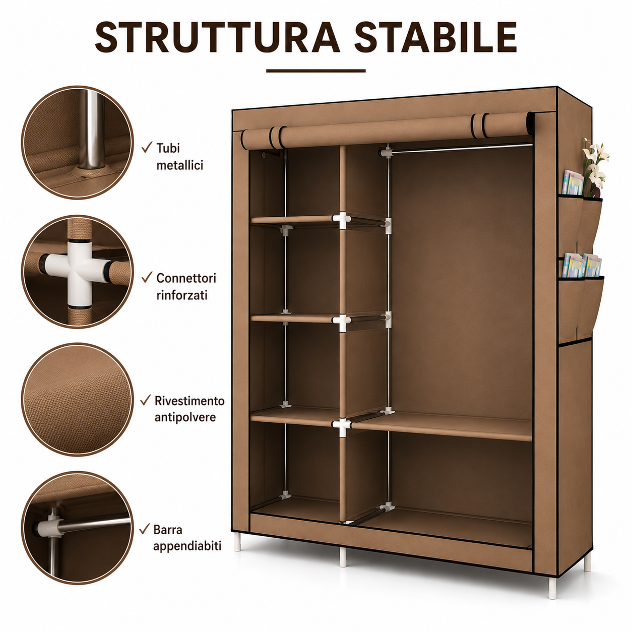 Armadio Guardaroba in Tessuto 175 × 105 × 45 cm, Armadio Pieghevole con Barra Appendiabiti e Ripiani, Armadio Salvaspazio con Struttura in Metallo e Chiusura con Cerniera, Colore Marrone