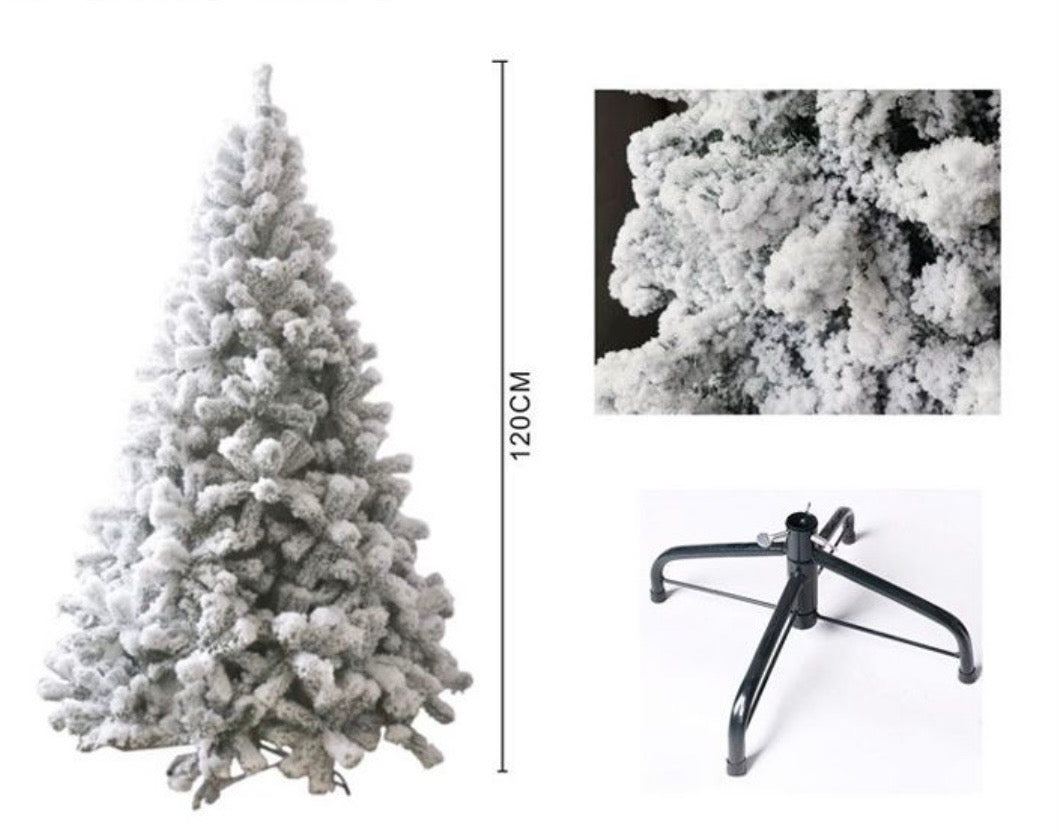 Albero di Natale Innevato Artificiale – Abete Floccato Effetto Neve Vero (120 cm) con Base Robusta