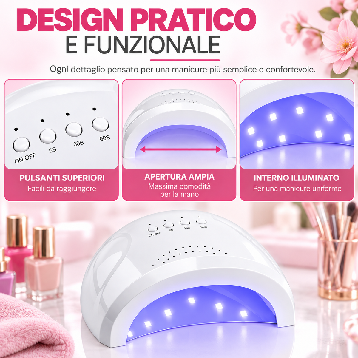 BDIT Accessori Lampada UV LED per Unghie, Lampada per Manicure e Nail Art con Comandi Superiori, Ampia Apertura per la Mano, Luce UV/LED, per Gel Unghie e Manicure a Casa, Bianca