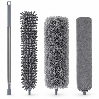 BDIT Accessori Set Piumino Catturapolvere Telescopico con 3 Testine Intercambiabili, Spolverino in Microfibra con Manico Estensibile, per Mobili, Letto, Lampade e Pulizia Casa, Grigio