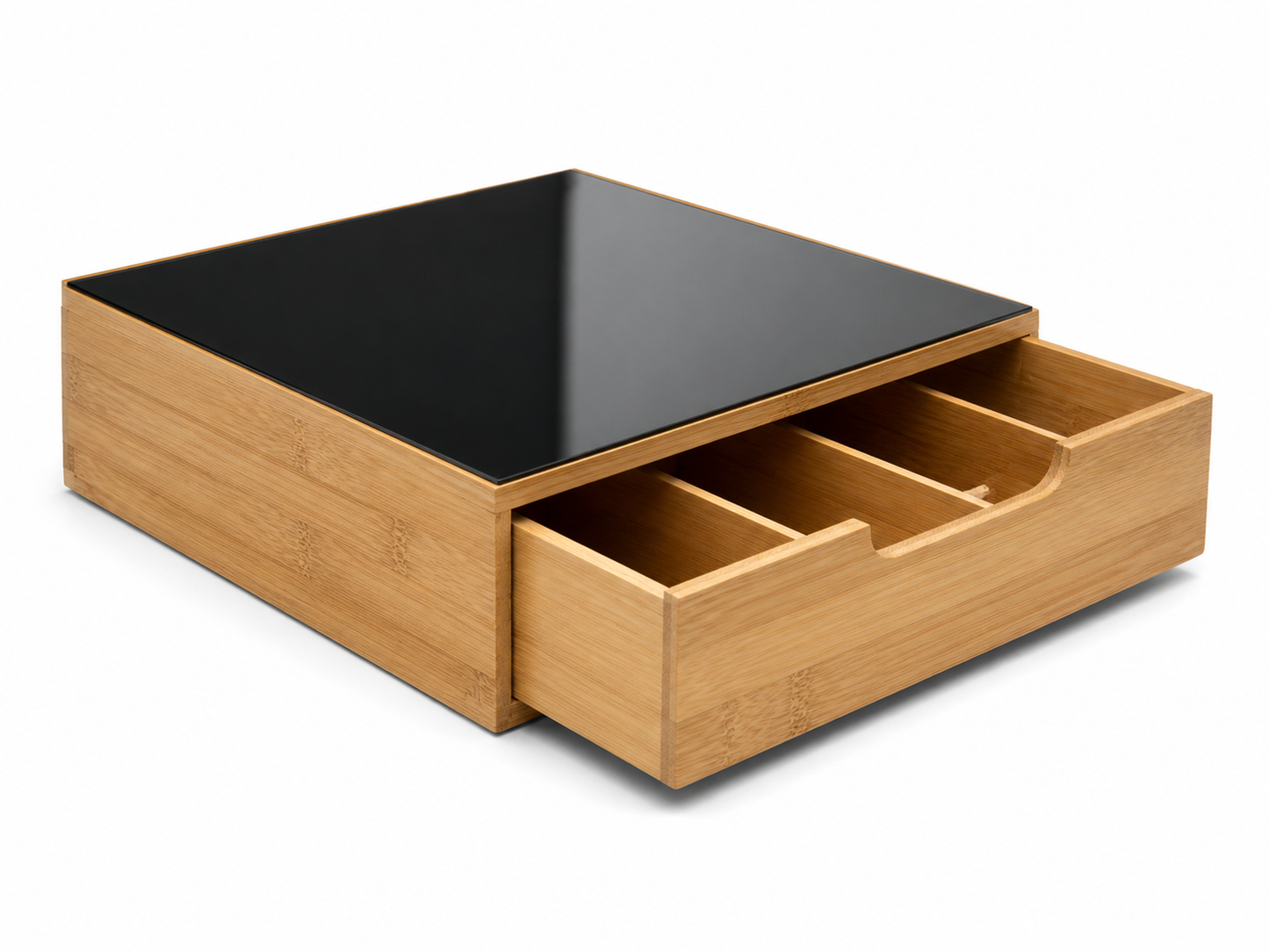 Cassetto Portacapsule in Bamboo con Piano in Vetro Effetto Marmo – Organizer Capsule Caffè 3 Scomparti, Porta Capsule e Cialde, Salvaspazio per Cucina e Coffee Station