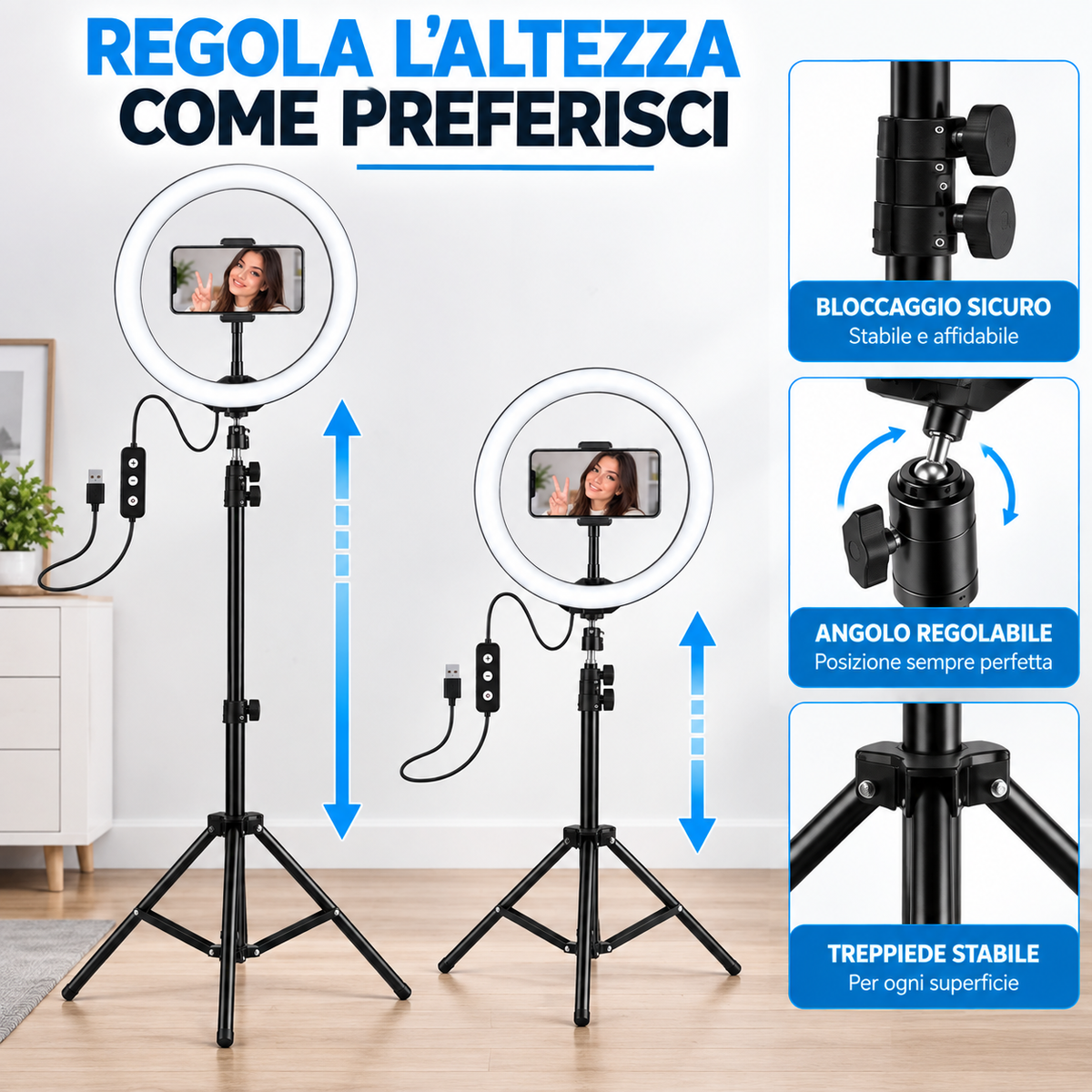 BDIT Accessori Ring Light con Treppiede Regolabile e Supporto Smartphone, Luce ad Anello LED con Comando sul Cavo, Supporto per Telefono per Foto, Video, Makeup, Streaming e Videochiamate