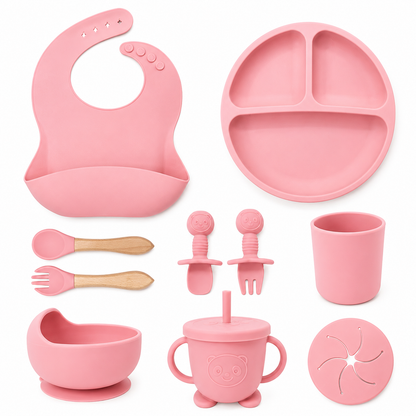 Set Pappa Svezzamento Neonati in Silicone Rosa, Kit Pappa Bambini con Piatto Ventosa, Ciotola, Bavaglino, Bicchiere, Tazza con Cannuccia e Posate, Set Alimentazione Baby Food Grade BPA Free