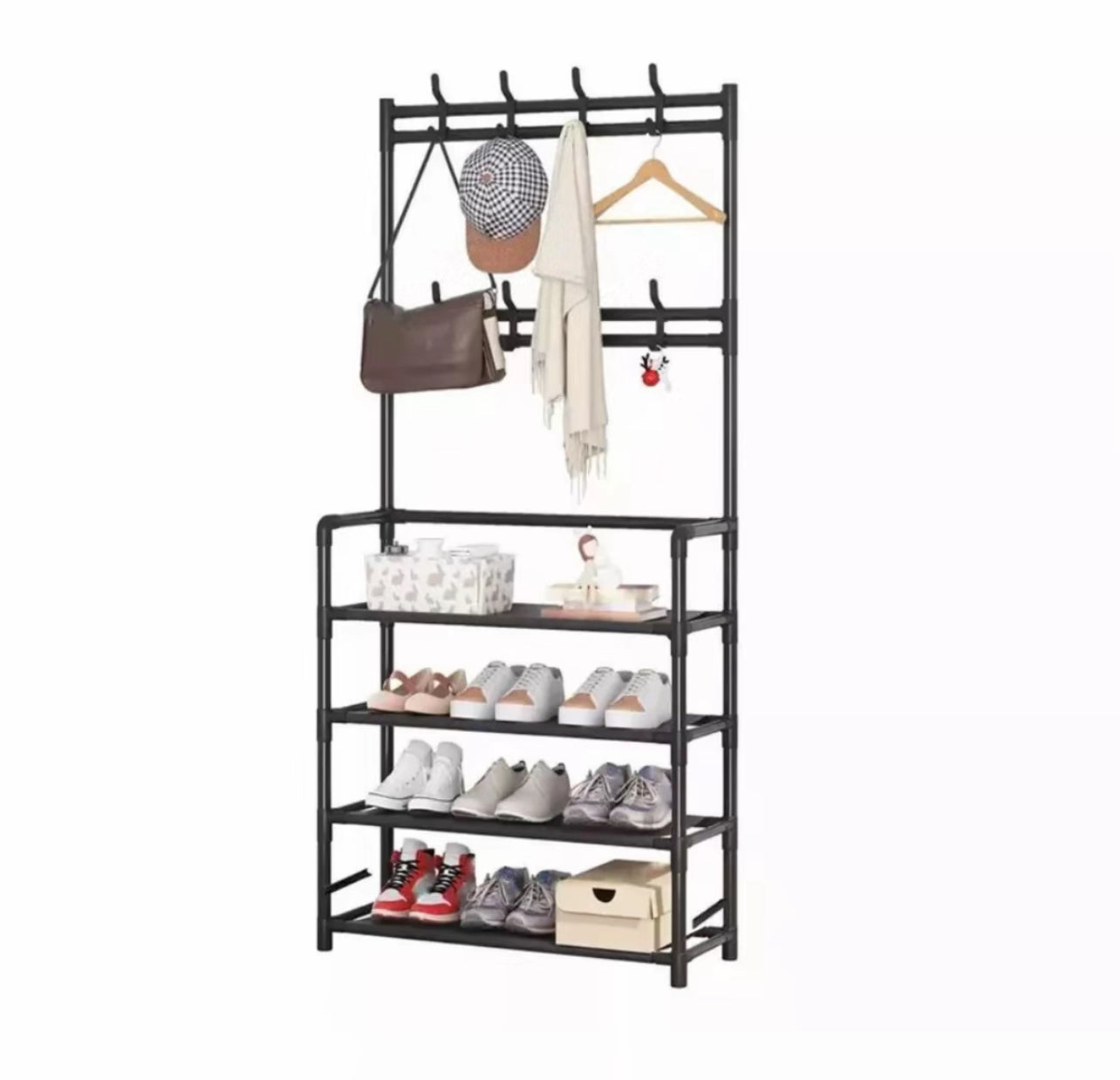 Appendiabiti con Scarpiera 60×26×170 cm – Guardaroba Salvaspazio con 4 Ripiani e 9 Ganci, Struttura in Metallo, Stand Porta Giacche e Scarpe per Ingresso, Corridoio, Camera da Letto - BDIT ACCESSORI