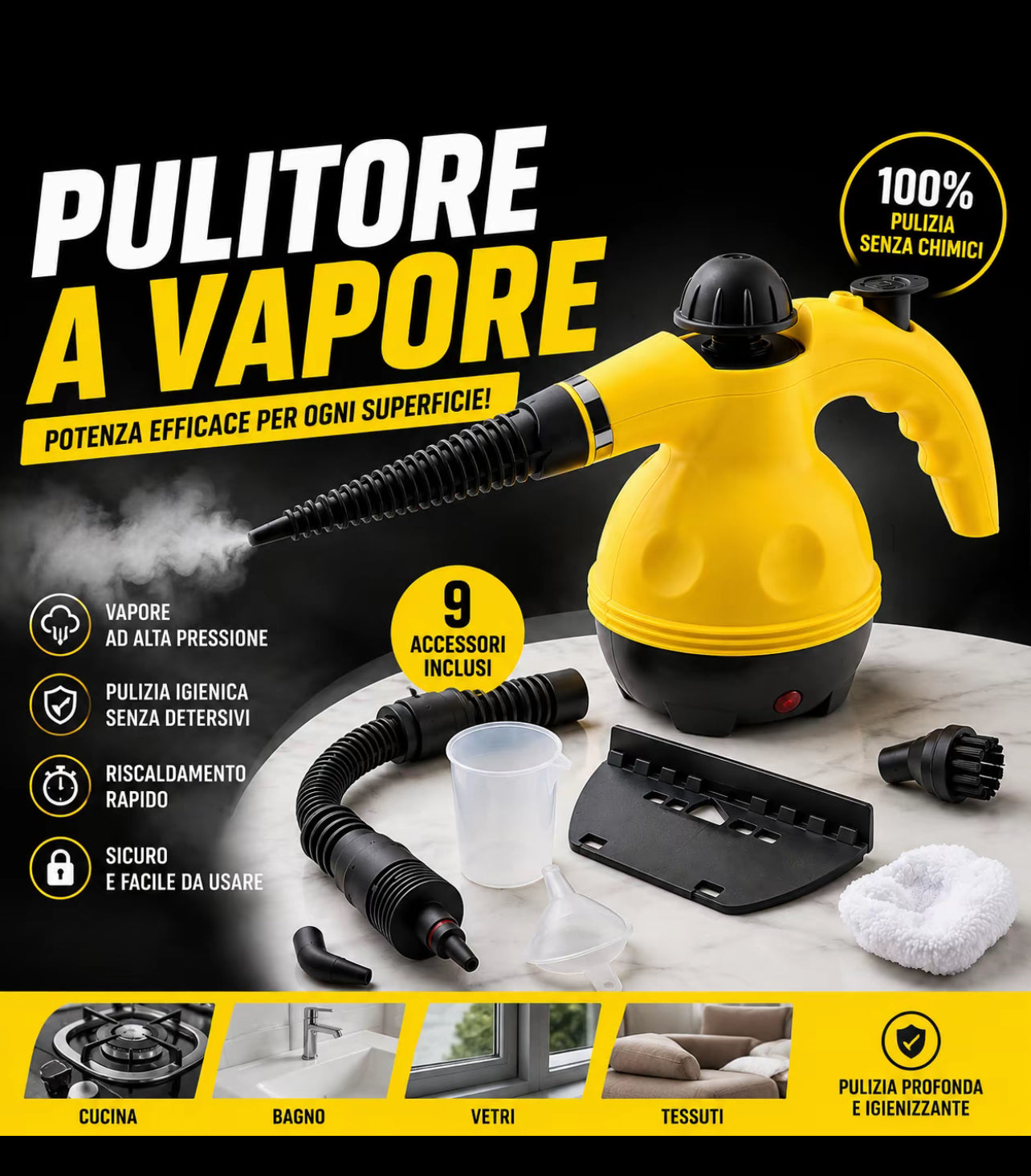 Pulitore a Vapore Portatile con 9 Accessori Inclusi, Pulitore a Vapore ad Alta Pressione per Casa, Cucina, Bagno, Vetri, Fughe, Divani e Tessuti, Pulizia Profonda Senza Detergenti