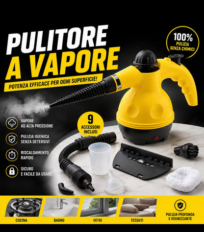 Pulitore a Vapore Portatile con 9 Accessori Inclusi, Pulitore a Vapore ad Alta Pressione per Casa, Cucina, Bagno, Vetri, Fughe, Divani e Tessuti, Pulizia Profonda Senza Detergenti