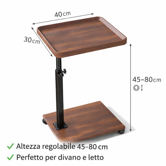 Tavolino Laterale Regolabile con Ruote, Tavolino da Divano a Forma di C, Altezza 45-80 cm, Tavolo Salvaspazio con Ripiano, per Divano Letto Ufficio Studio, 40x30 cm Effetto Legno