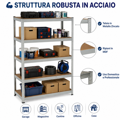 Scaffale Metallico 180x90x40 cm a 5 Ripiani, Scaffalatura in Acciaio Zincato con Ripiani MDF, Sistema ad Incastro Senza Viti, Scaffale Multiuso per Garage, Cantina, Magazzino e Lavanderia