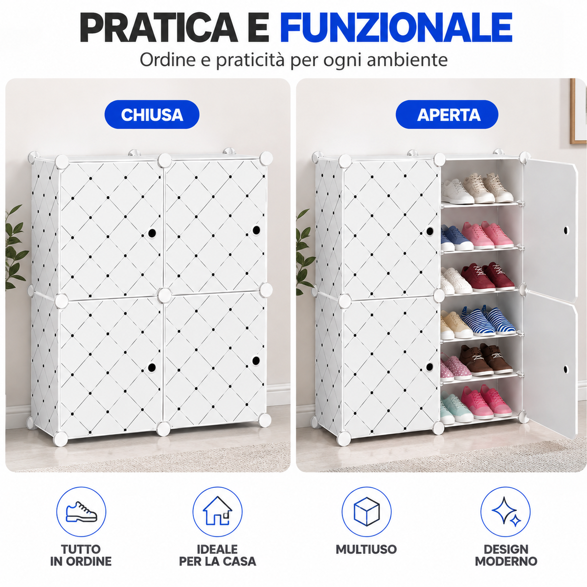 BDIT Accessori Scarpiera Bianca Salvaspazio con Ante, Mobile Portascarpe Modulare con Ripiani Interni, Organizer per Scarpe con Apertura Frontale, per Ingresso, Camera e Guardaroba