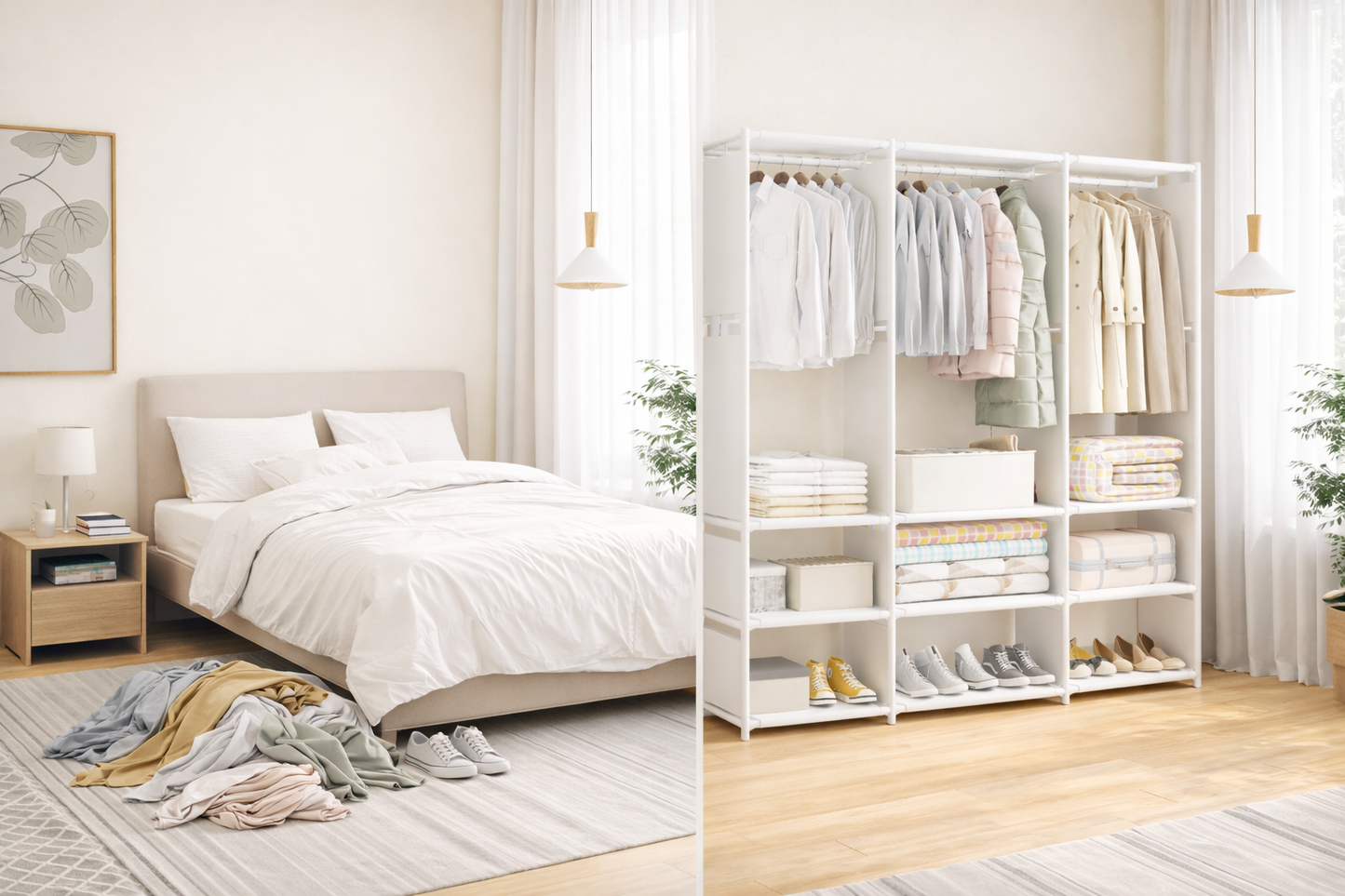 Armadio Guardaroba Aperto 130x170x36 cm con Ripiani e Barra Appendiabiti – Porta Abiti Salvaspazio in Metallo Bianco – Scaffale Vestiti Multifunzione per Camera da Letto, Cabina Armadio, Appartamento