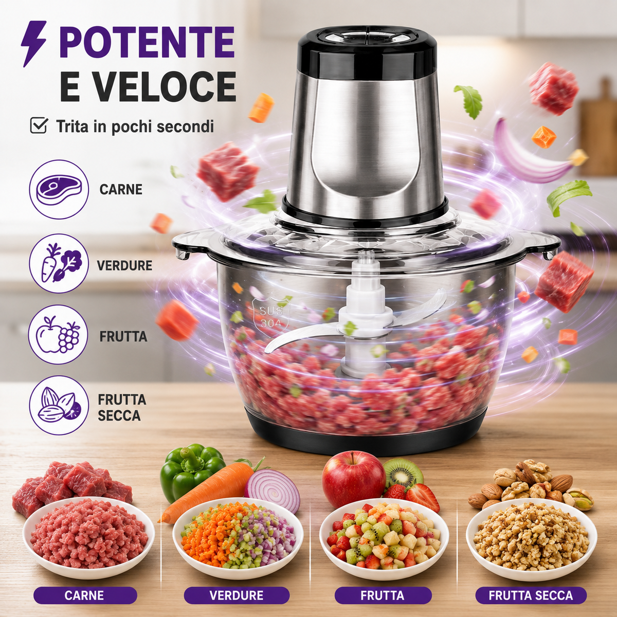 BDIT ACCESSORI Tritatutto Elettrico 2L con Ciotola in Acciaio Inox, Tritacarne Multiuso con Lame in Acciaio Inox per Carne, Verdure, Cipolle, Frutta, Frutta Secca ed Erbe Aromatiche