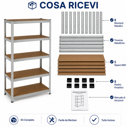 Scaffale Metallico 180x90x40 cm a 5 Ripiani, Scaffalatura in Acciaio Zincato con Ripiani MDF, Sistema ad Incastro Senza Viti, Scaffale Multiuso per Garage, Cantina, Magazzino e Lavanderia
