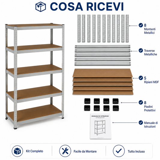 Scaffale Metallico 180x90x40 cm a 5 Ripiani, Scaffalatura in Acciaio Zincato con Ripiani MDF, Sistema ad Incastro Senza Viti, Scaffale Multiuso per Garage, Cantina, Magazzino e Lavanderia
