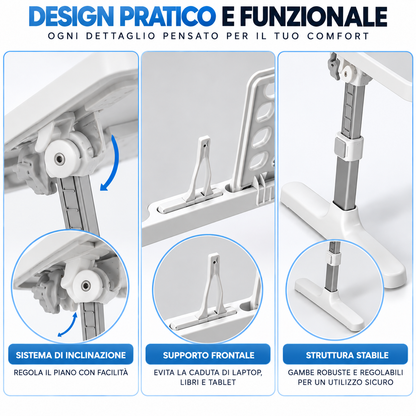 BDIT Accessori Tavolino Pieghevole per Laptop, Tavolino da Letto Regolabile con Piano Inclinabile 0-36°, Supporto Smartphone e Ferma Oggetti, per Studio, Lavoro, Divano e Letto, 56x31x17 cm, Bianco