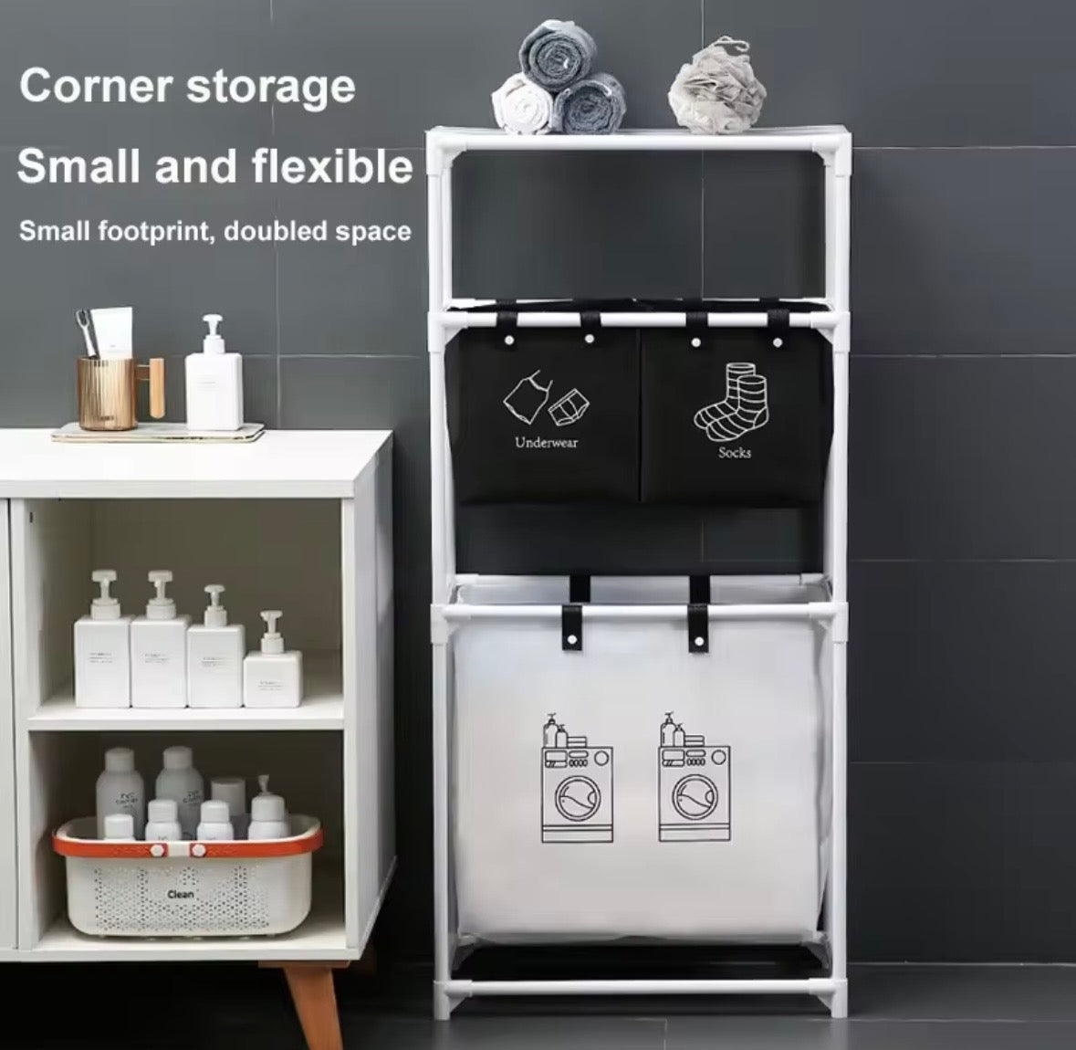 Carrello Portabiancheria Salvaspazio su Ruote - Organizer Lavanderia a 3 Livelli con Ceste Separatori