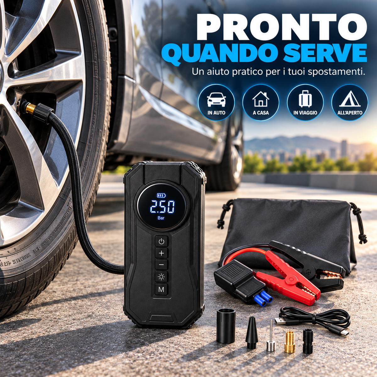 BDIT Accessori Compressore Portatile Multifunzione con Display Digitale, Gonfiatore Pneumatici Auto con Tubo e Adattatori, Cavi con Pinze, Cavo USB e Custodia, Kit Compatto per Auto e Viaggio