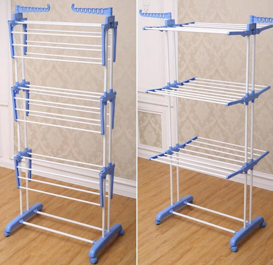 Stendibiancheria Pieghevole in Acciaio Inox e Plastica – Salvaspazio Verticale con 6 Ruote, Ganci e 4 Ripiani Regolabili – 168x54x68cm – Argento Blu – Per Interno - BDIT ACCESSORI